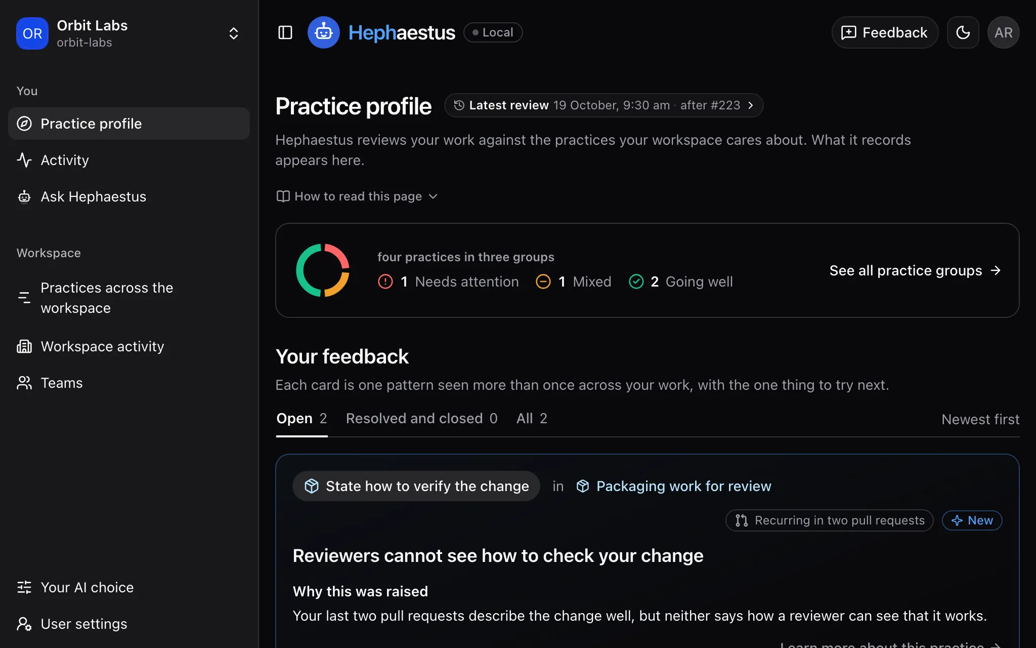 Practice profile with a standing ring of four practices and an open feedback card that names the practice and why it was raised.