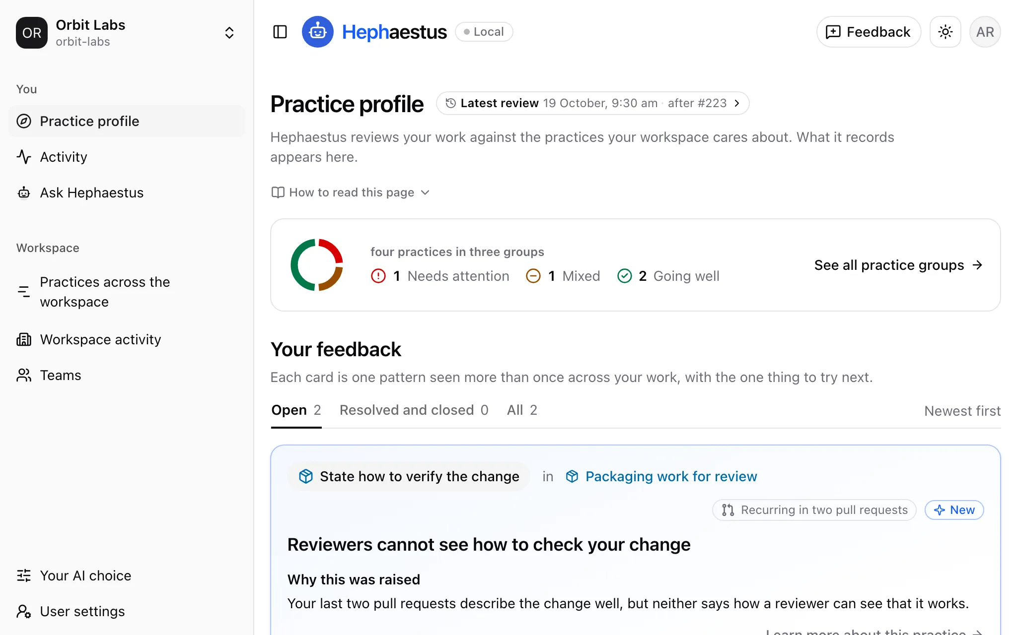 Practice profile with a standing ring of four practices and an open feedback card that names the practice and why it was raised.