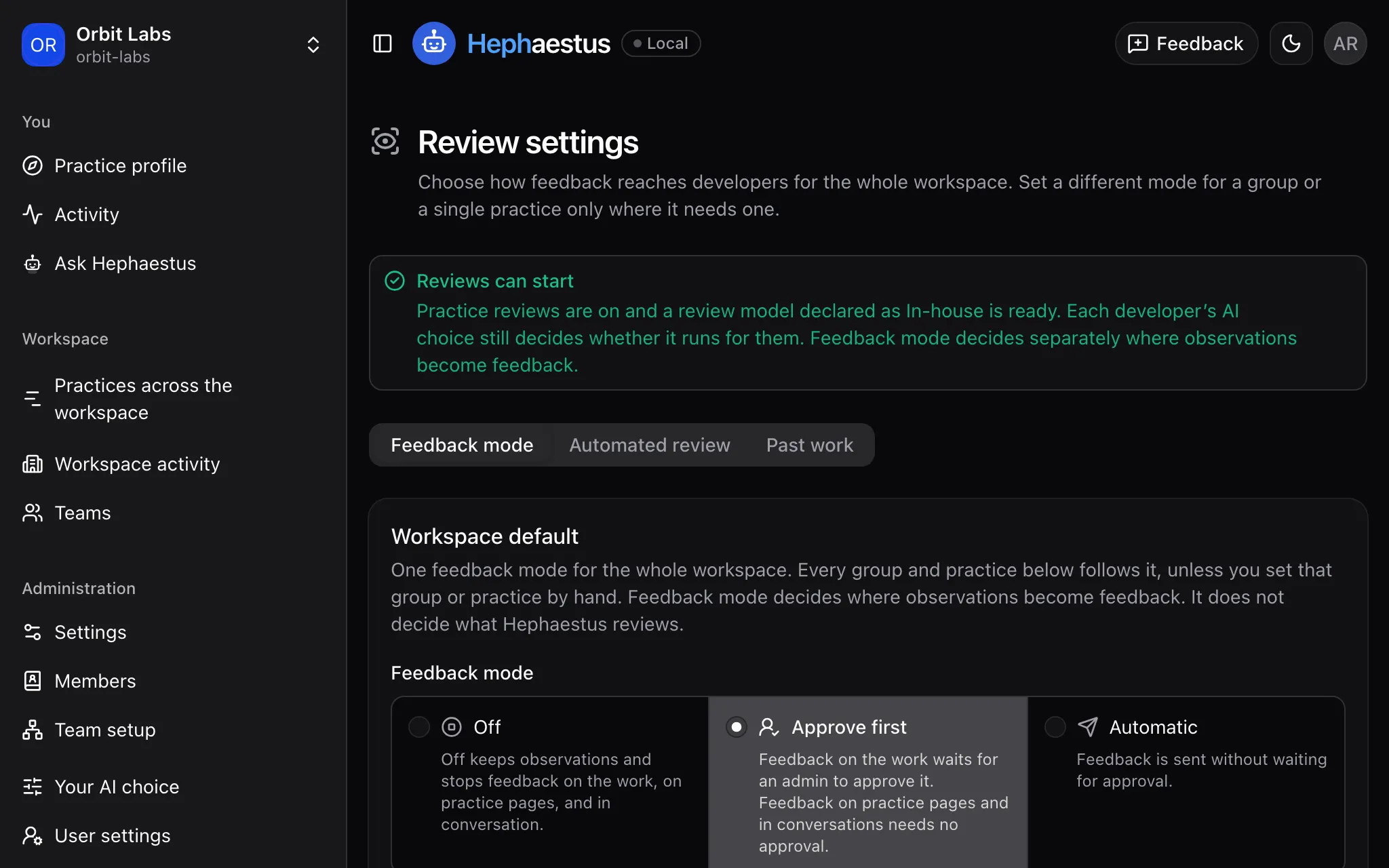 Review settings with the workspace feedback mode set to Approve first. Off and Automatic are the other choices.