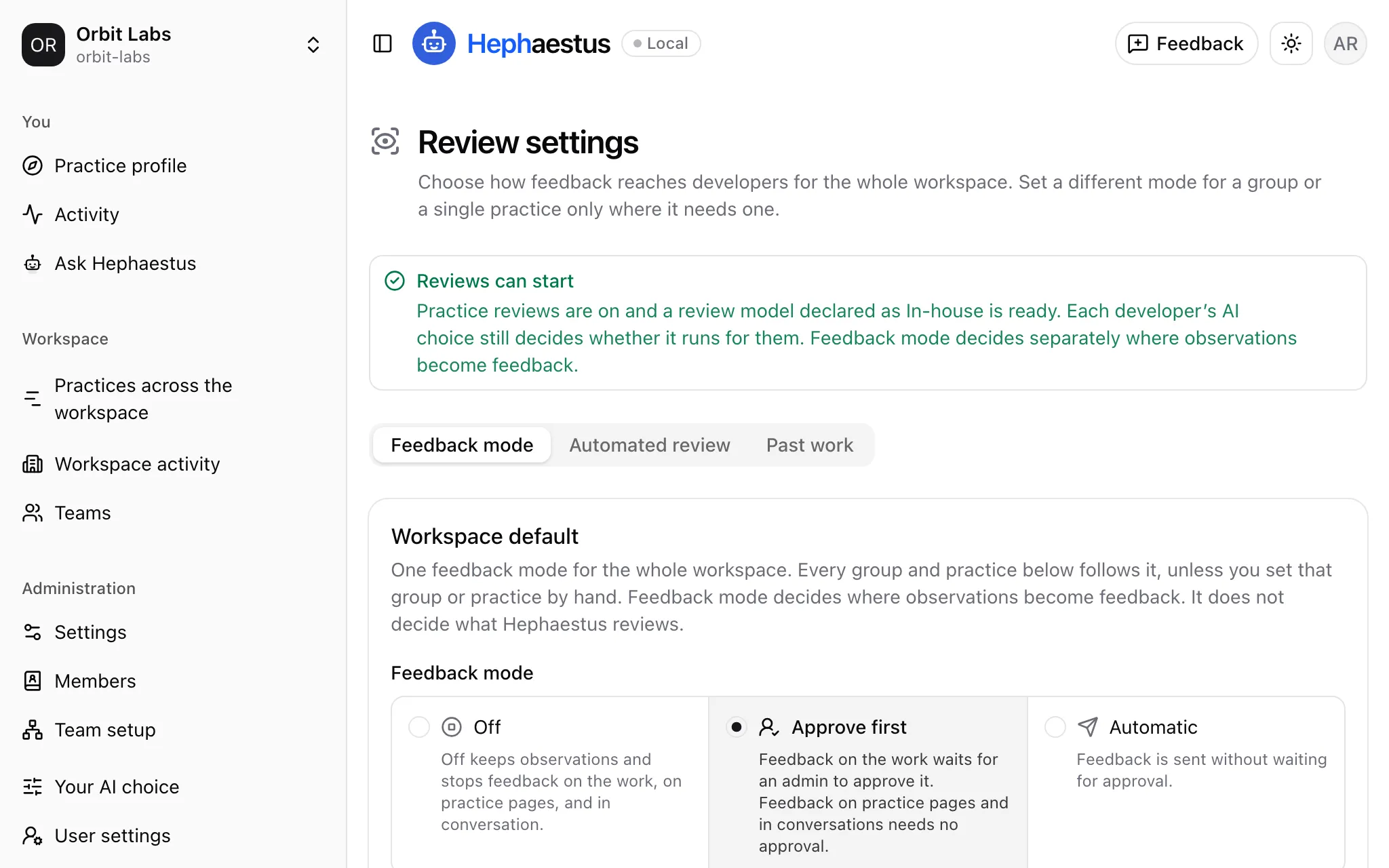 Review settings with the workspace feedback mode set to Approve first. Off and Automatic are the other choices.